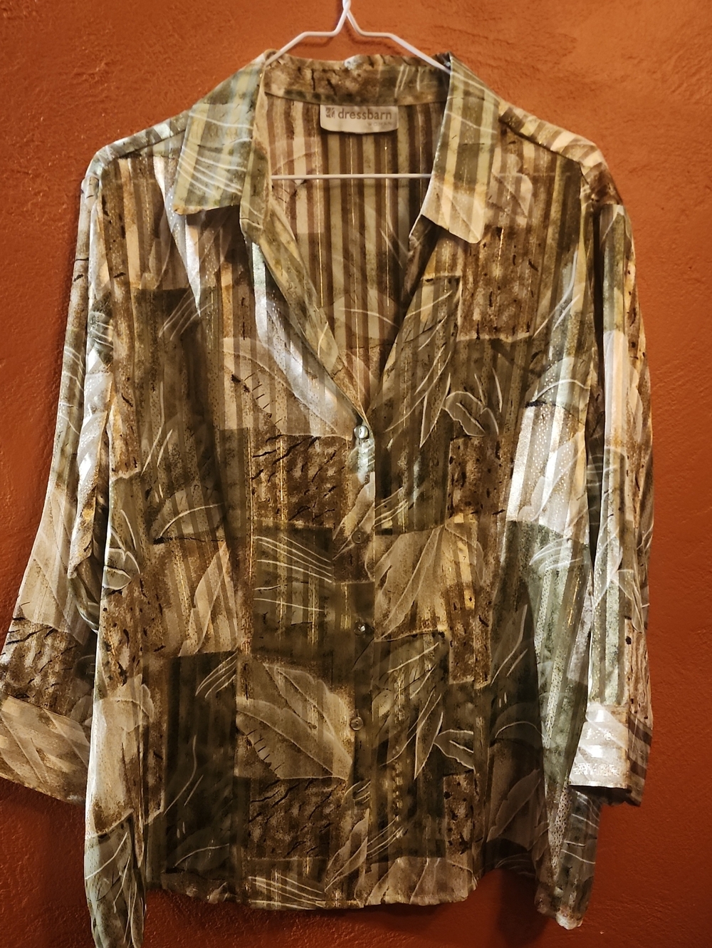 dressbarn Olive, Beige & Brown Women's Casual Button-Up Shirt